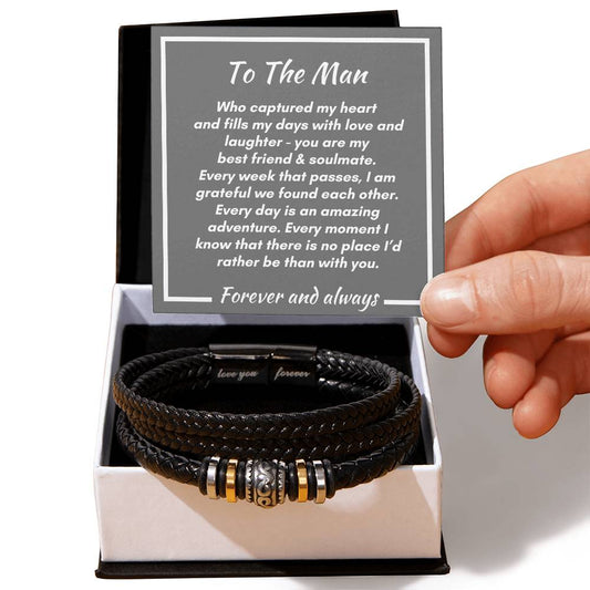 Gift for Soulmate  -  Every Week, Day, Moment  - Men's Love You Forever Vegan Leather Bracelet