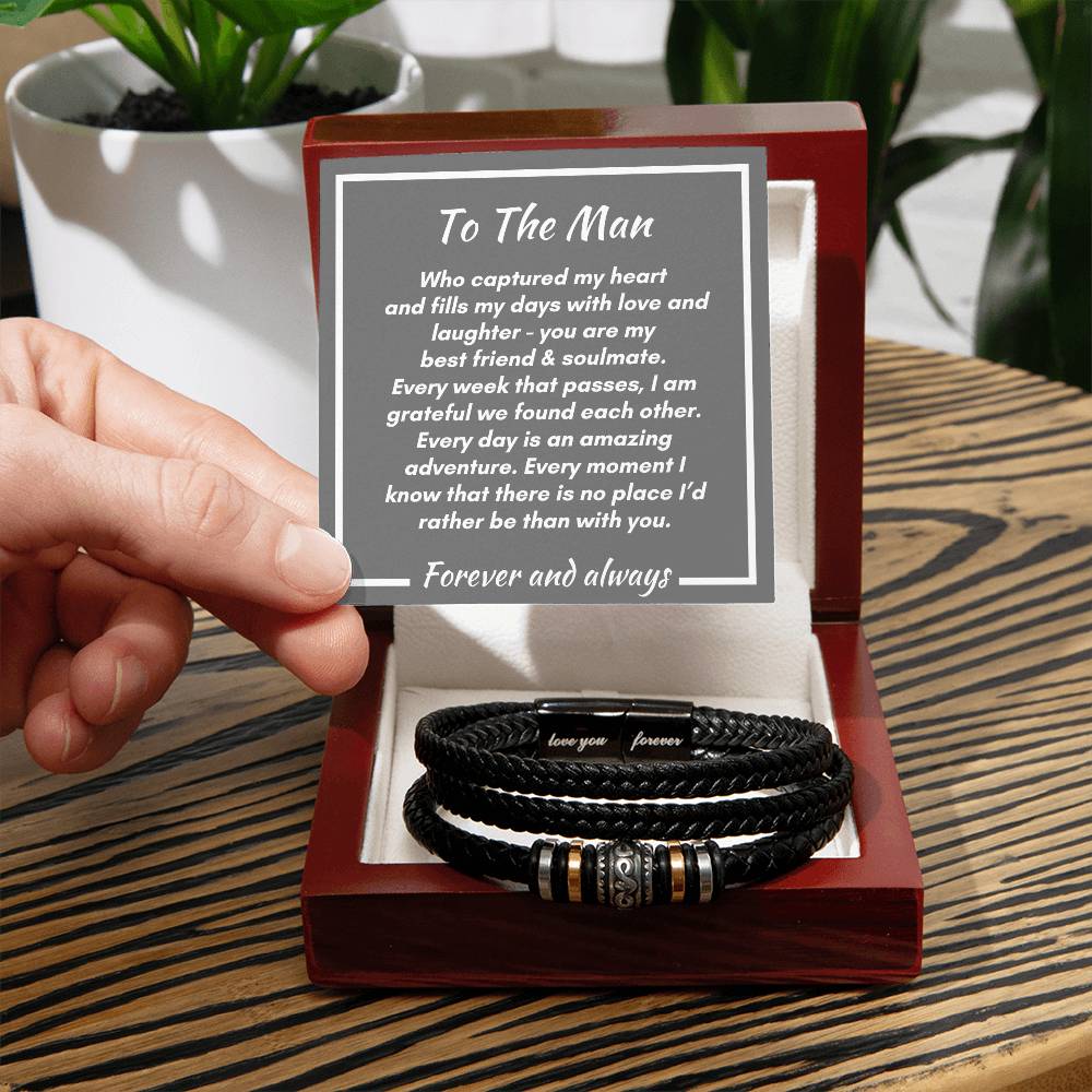 Gift for Soulmate  -  Every Week, Day, Moment  - Men's Love You Forever Vegan Leather Bracelet