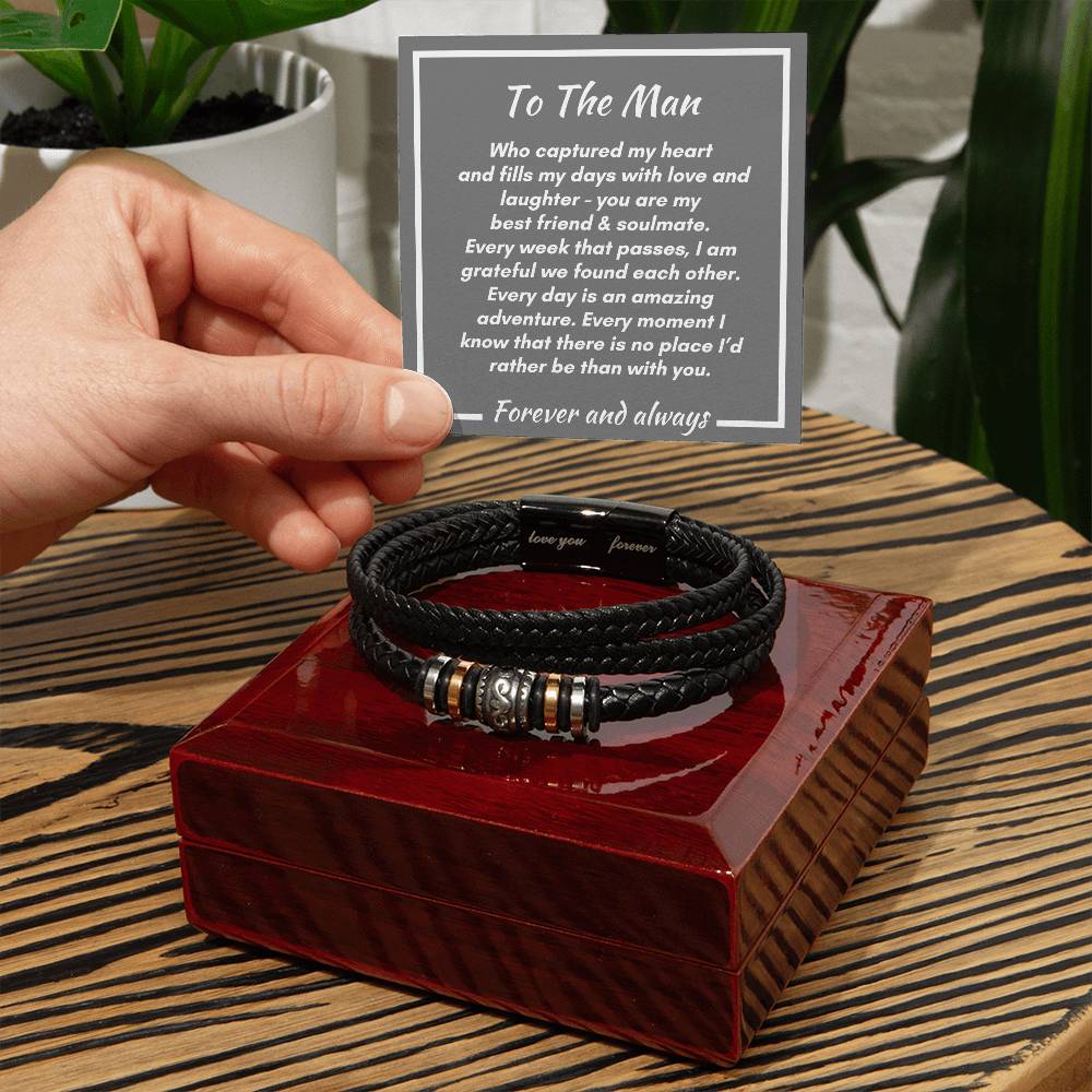 Gift for Soulmate  -  Every Week, Day, Moment  - Men's Love You Forever Vegan Leather Bracelet