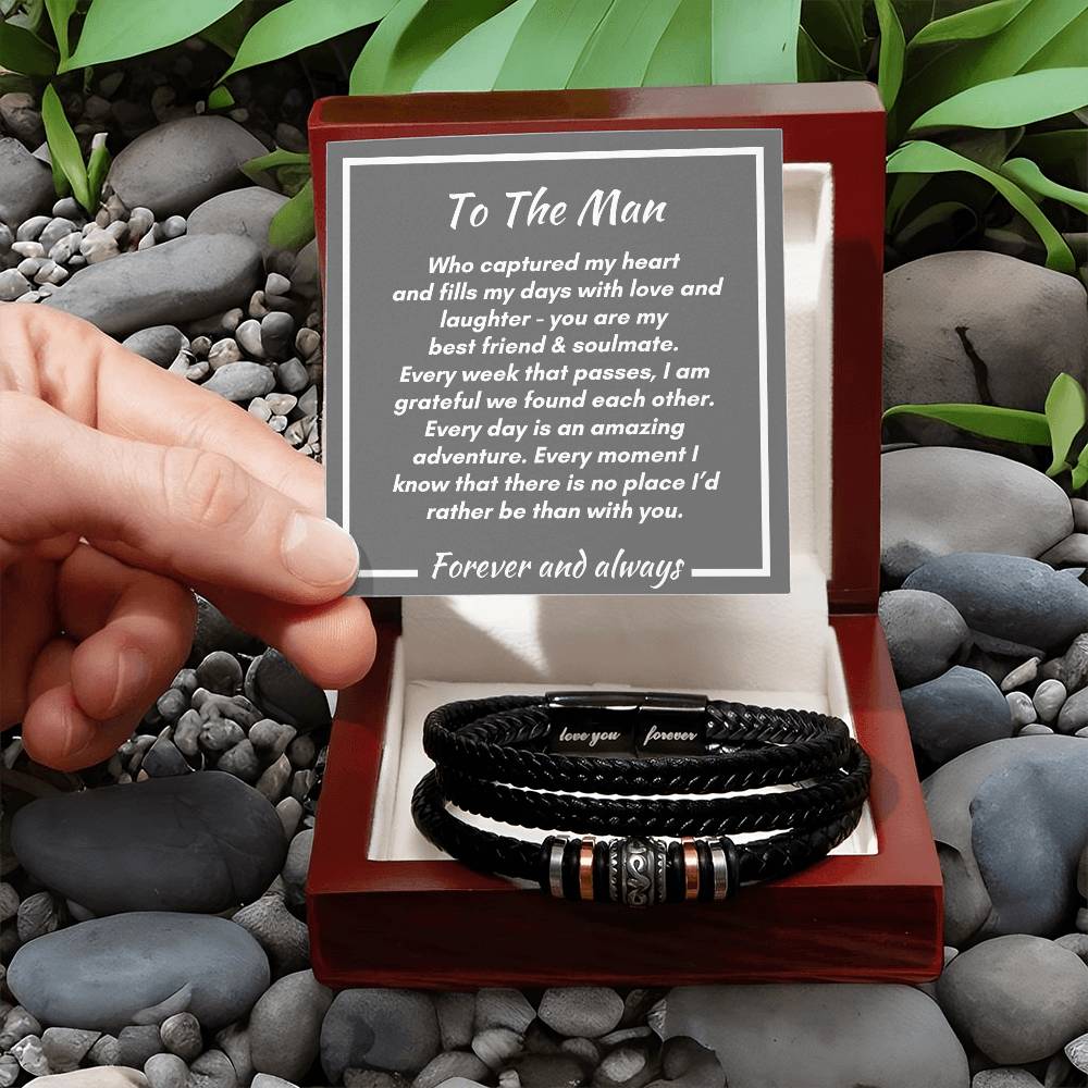 Gift for Soulmate  -  Every Week, Day, Moment  - Men's Love You Forever Vegan Leather Bracelet