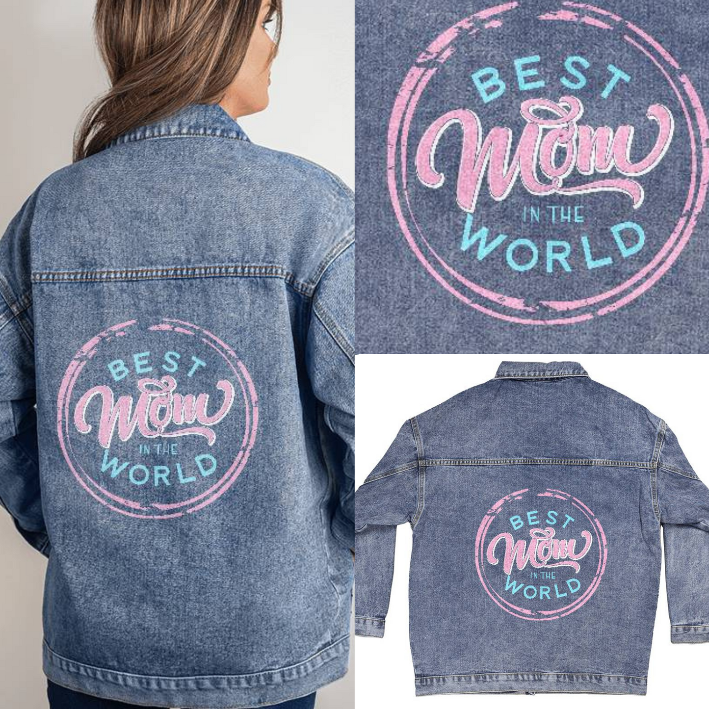 Denim Jacket for Women Mothers Day Best Mom In The World Pink/Blue